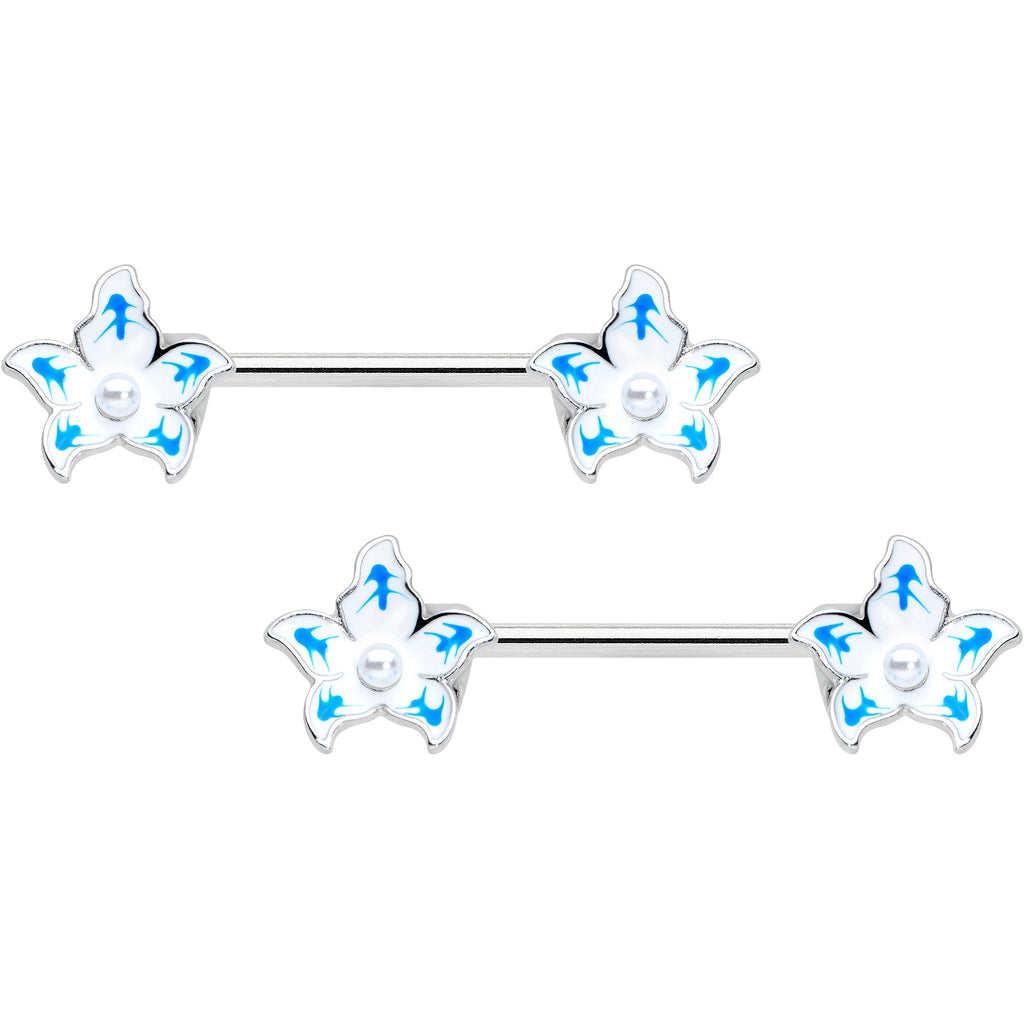 14G 9/16 Pearlescent Orb Flower Blue Barbell Nipple Ring Set
