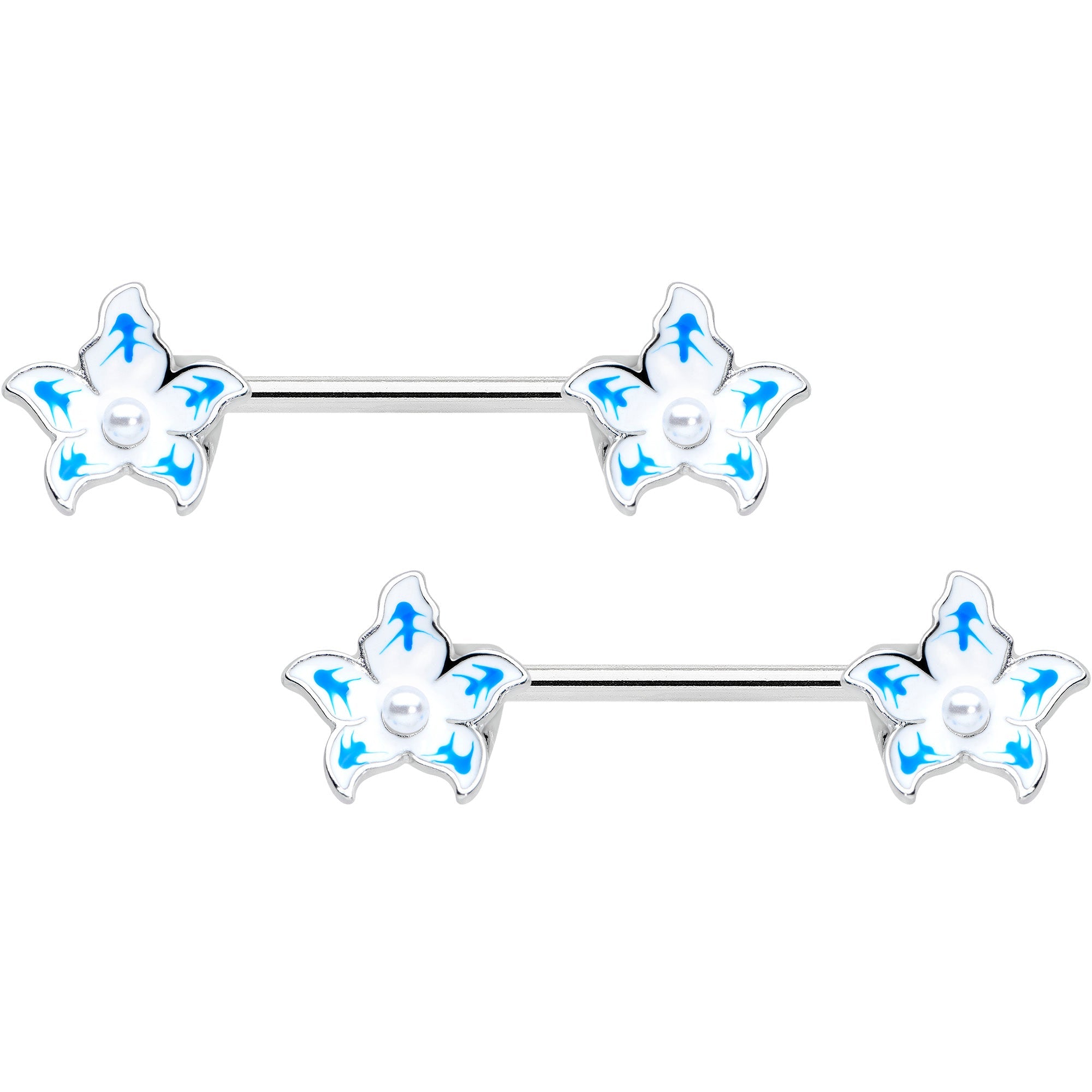 14G 9/16 Pearlescent Orb Flower Blue Barbell Nipple Ring Set