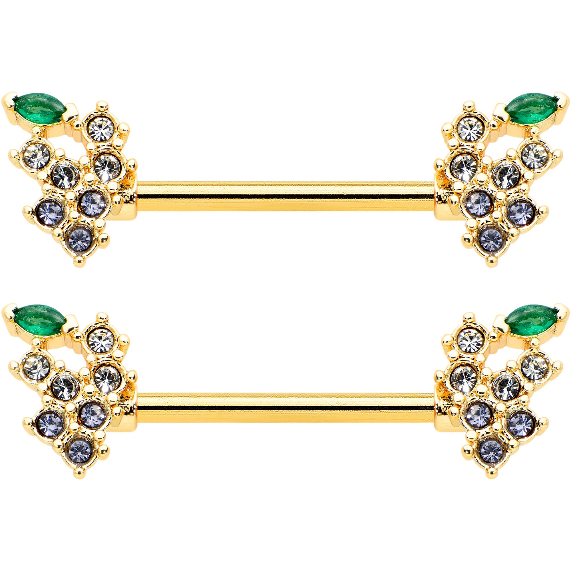 14G 9/16 Clear CZ Gem Gold Tone Bunch Grapes Nipple Ring Set