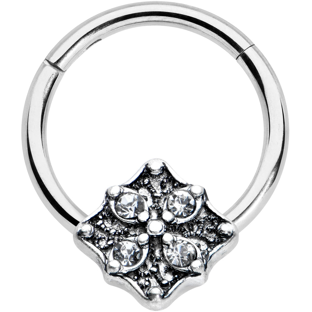 16G 3/8 Clear Gem Rhombus Flower Hinged Segment Ring