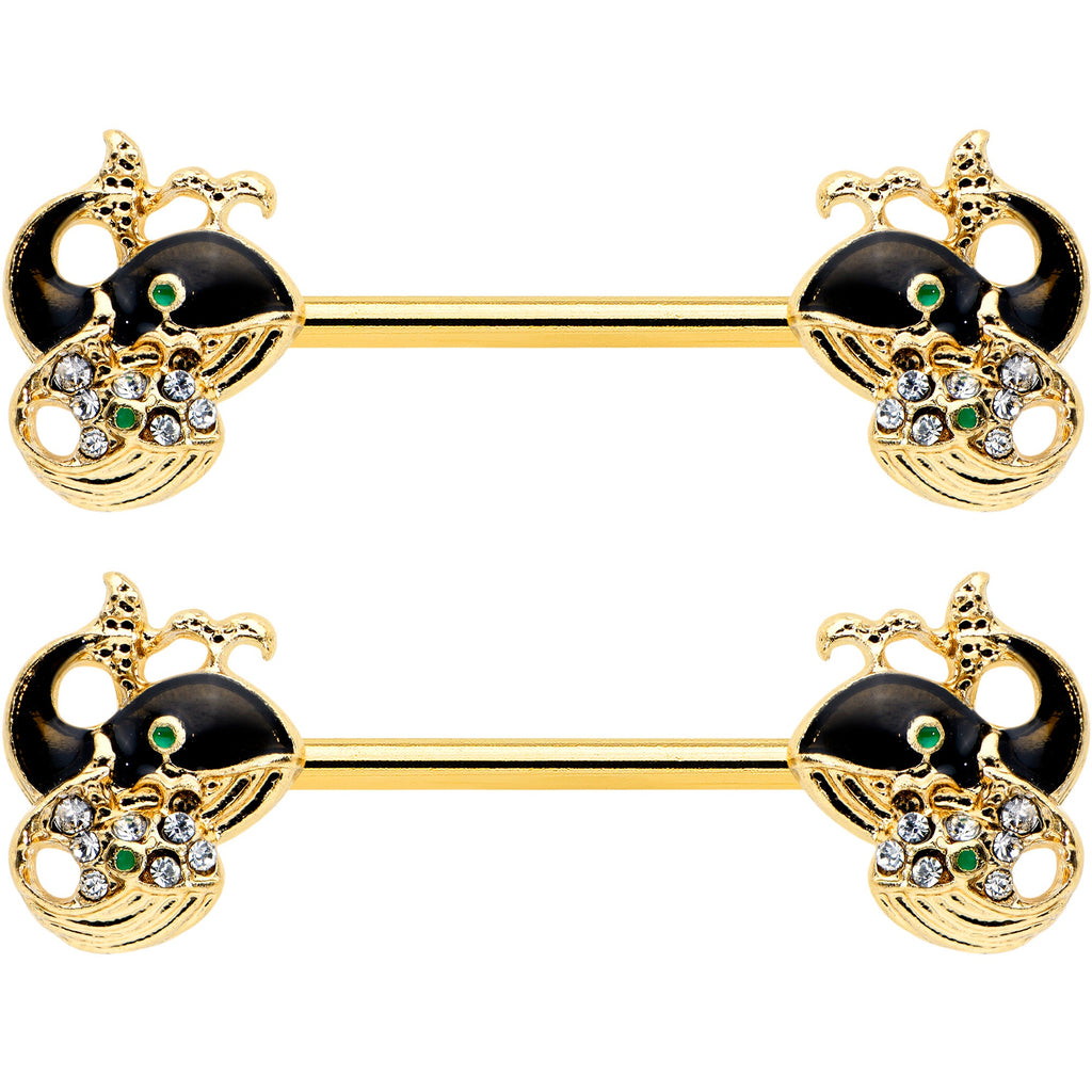14G 9/16 Clear Gem Gold Tone Mom Baby Whale Nipple Ring Set