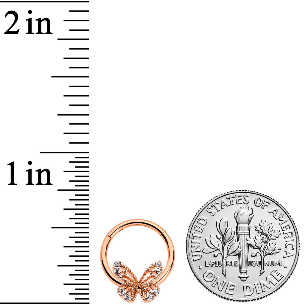 16G 3/8 Clear Gem Rose Gold Hue Air Butterfly Hinged Segment Ring