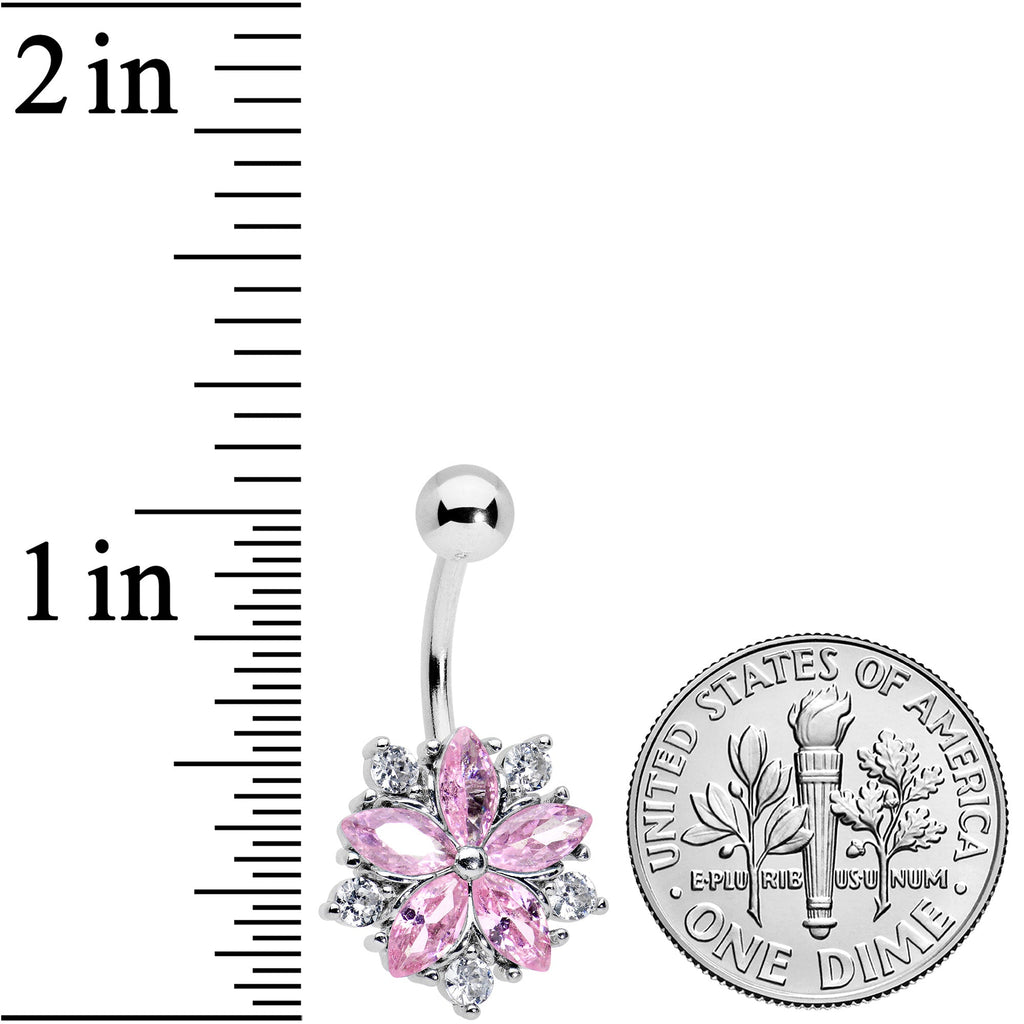 Pink Clear CZ Gem Baroque Floral Burst Belly Ring