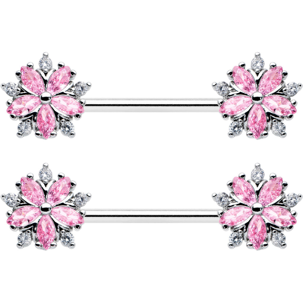 14G 9/16 Pink CZ Gem Floral Burst Barbell Nipple Ring Set