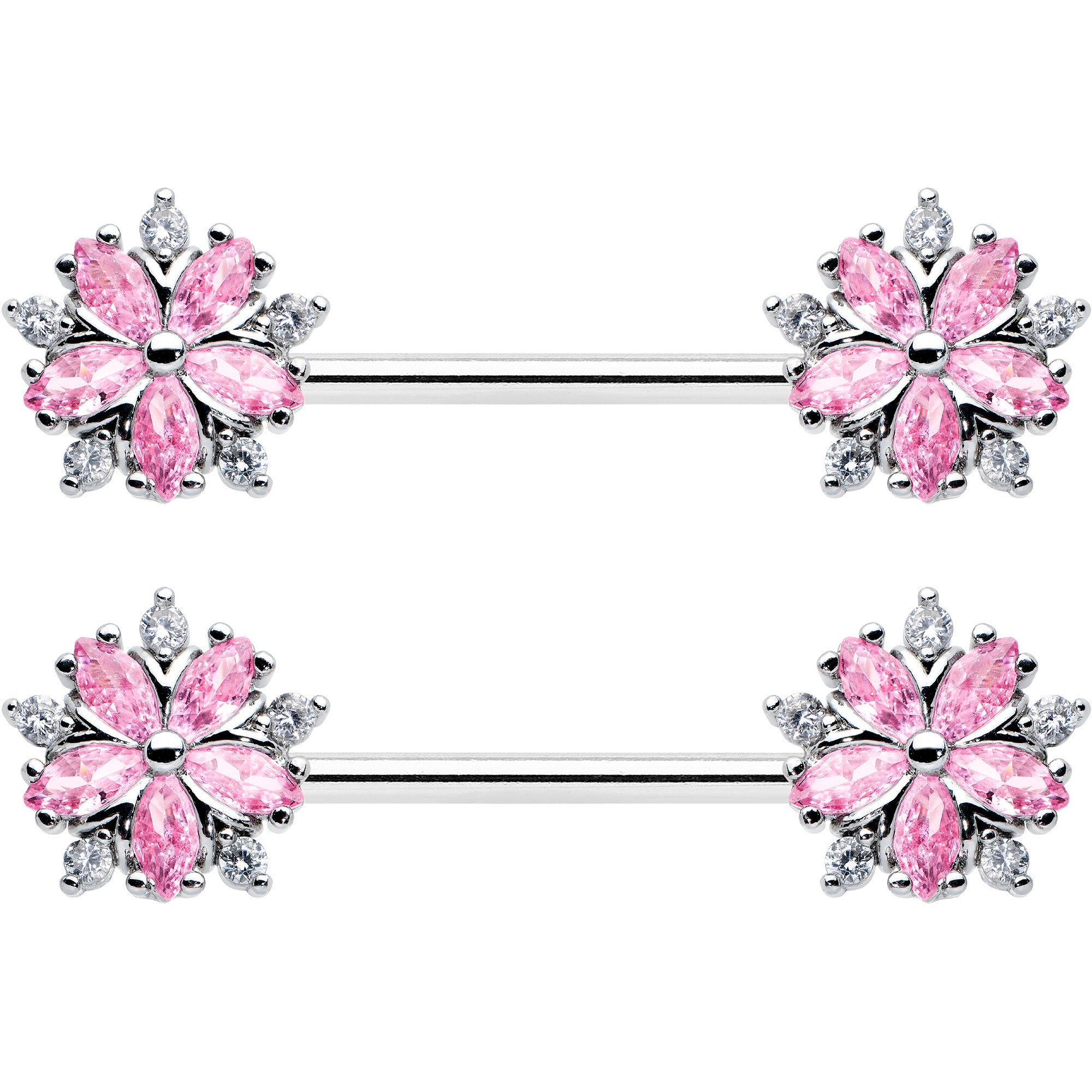 14G 9/16 Pink CZ Gem Floral Burst Barbell Nipple Ring Set