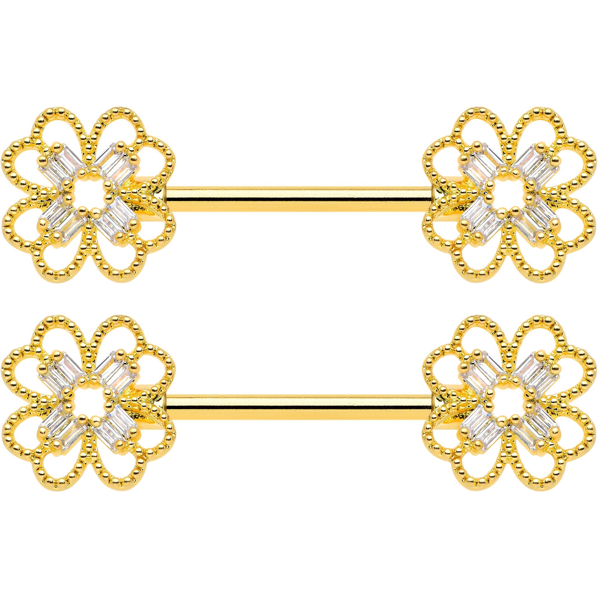 14G 5/8 Clear Gem Gold Tone Texture Cross Barbell Nipple Ring Set