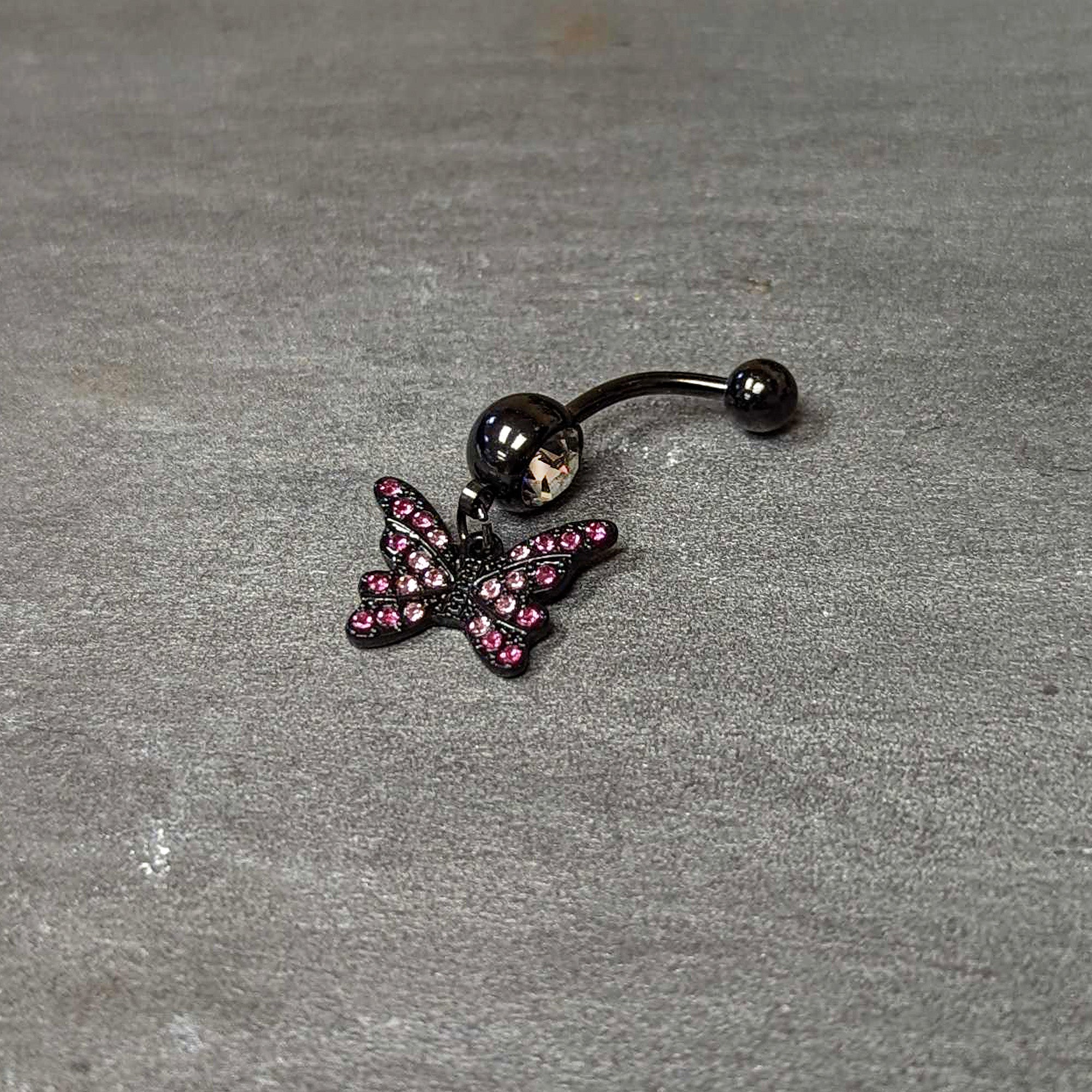 Clear Pink Gem Black Midnight Butterfly Dangle Belly Ring