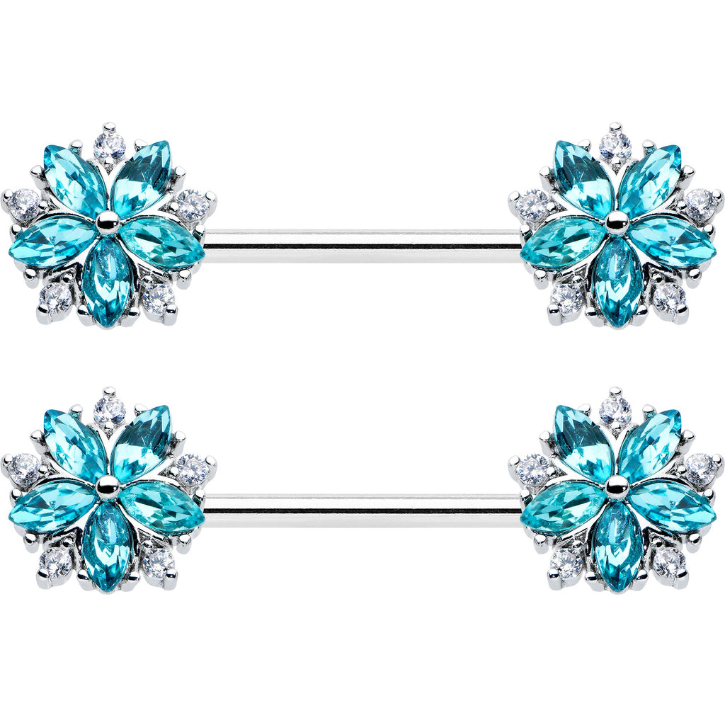 14G 9/16 Blue CZ Gem Floral Burst Barbell Nipple Ring Set