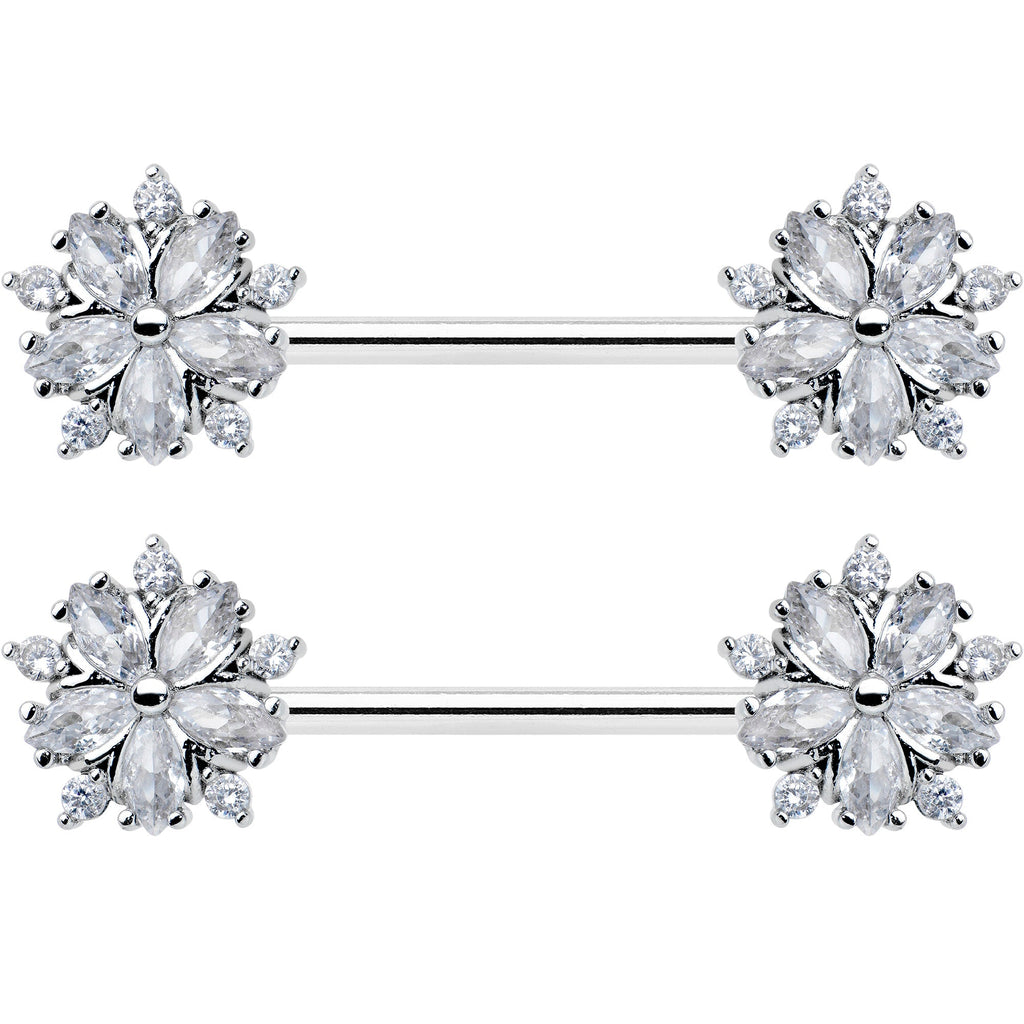 14G 9/16 Clear CZ Gem Floral Burst Barbell Nipple Ring Set