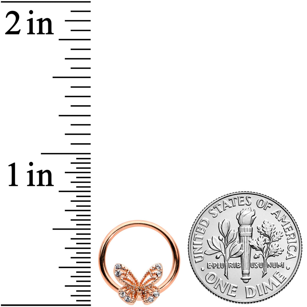 16G 3/8 Clear Gem Rose Gold Tone Airy Butterfly BCR Captive Ring