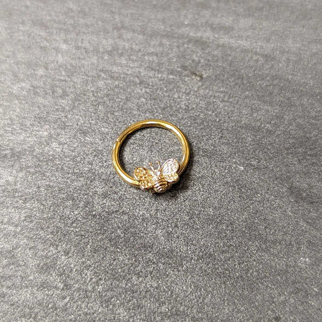 16G 3/8 Clear Gem Gold Tone Beauty Bee Hinged Circular Ring