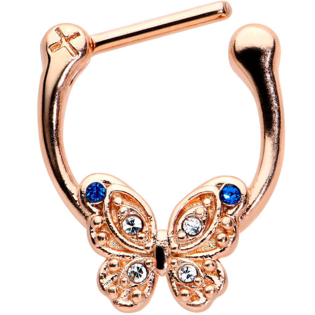 16G 5/16 Blue Gem Rose Gold Tone Butterfly Cartilage Clicker