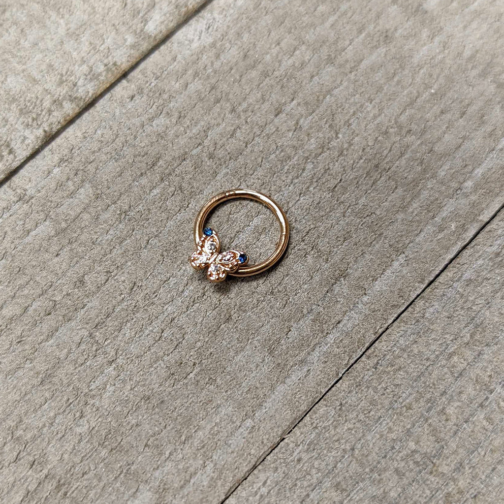 16G 3/8 Blue Gem Rose Gold Tone Butterfly Hinged Segment Ring