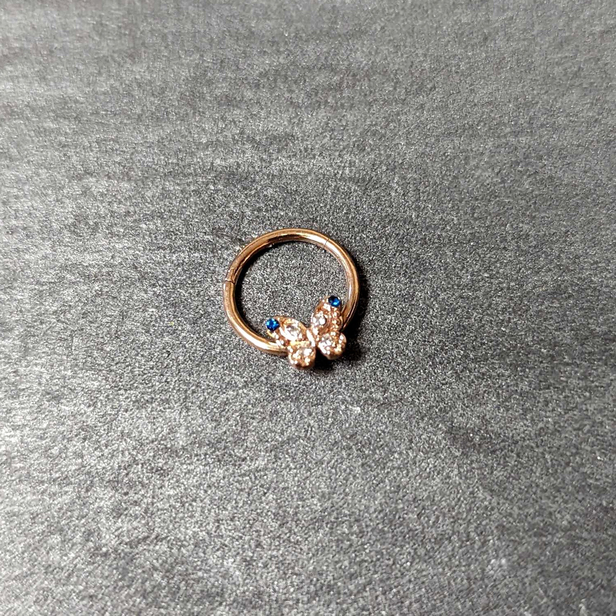 16G 3/8 Blue Gem Rose Gold Tone Butterfly Hinged Segment Ring