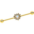 14G White Synth Opal Gold Tone Sun Heart Industrial Barbell 38mm