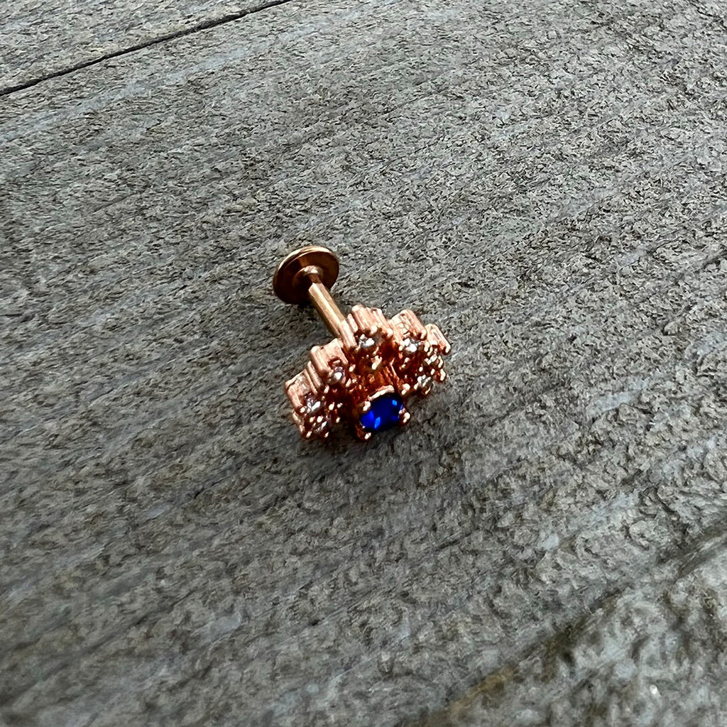 16G 1/4 Blue Clear Gem Rose Gold Tone Glamour Flare Labret
