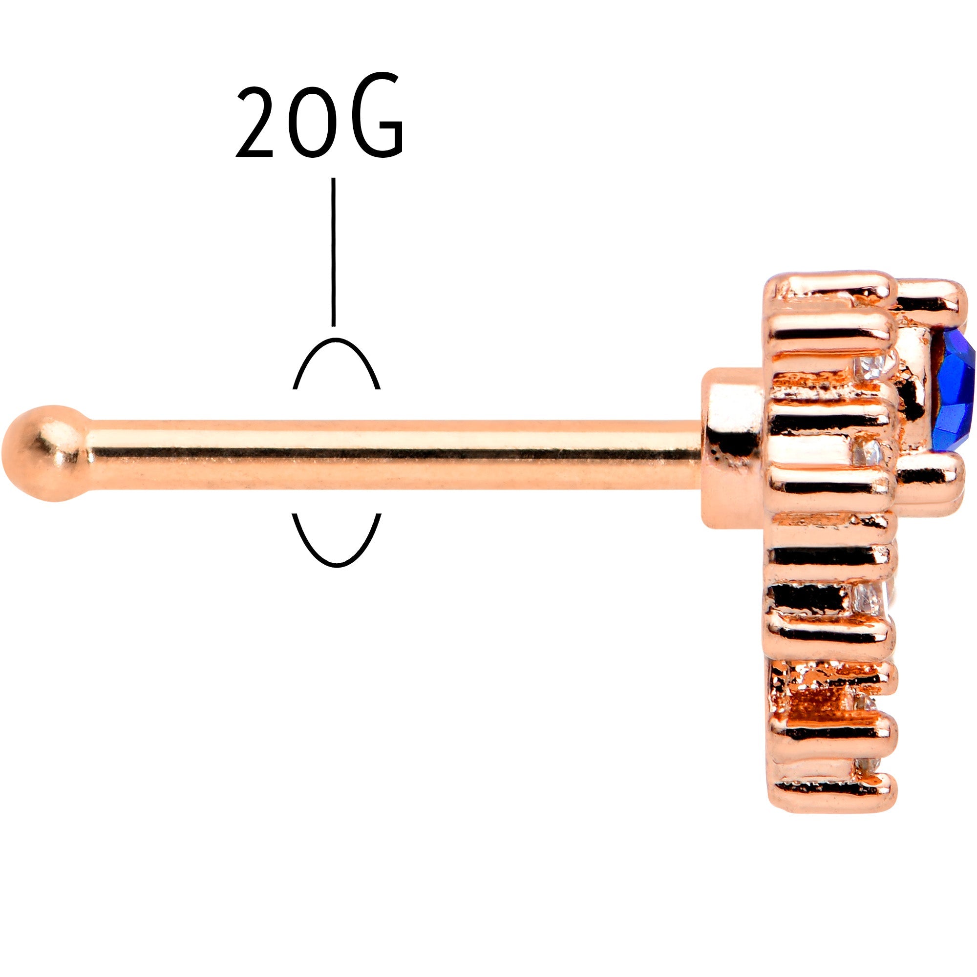 20G 1/4 Blue Clear Gem Rose Gold Tone Glamour Flare Nose Bone