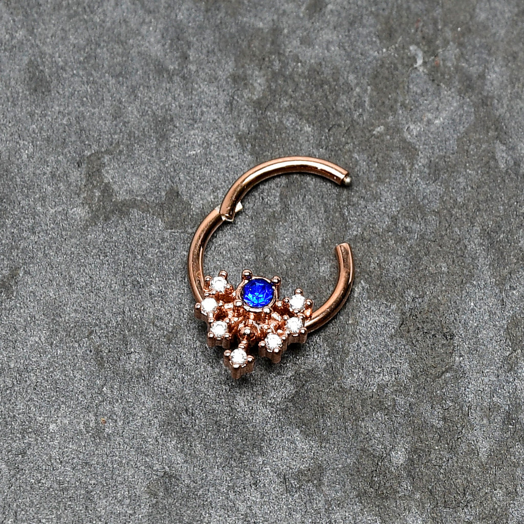 16G 3/8 Blue Gem Rose Gold Tone Glamour Flare Hinged Segment Ring