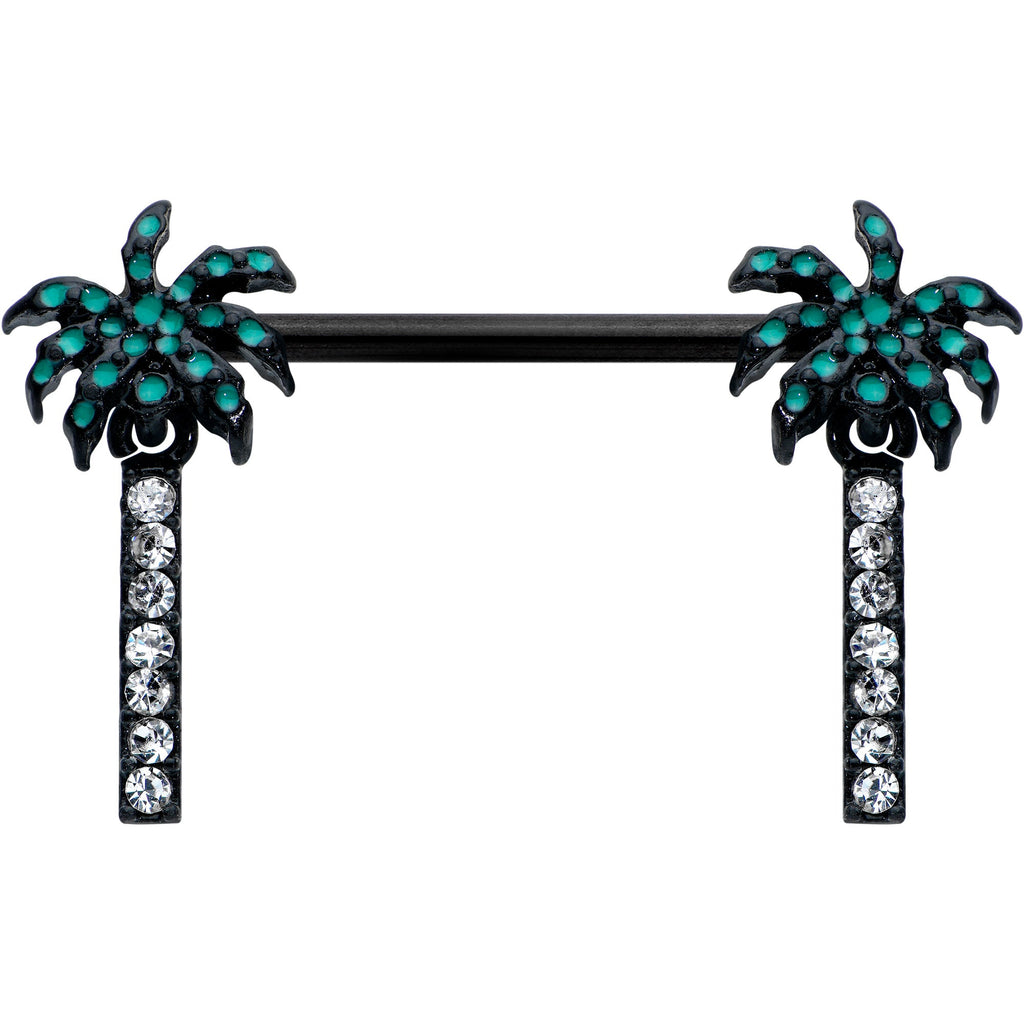 14G 9/16 Clear Gem Black Night Palm Tree Dangle Nipple Ring Set