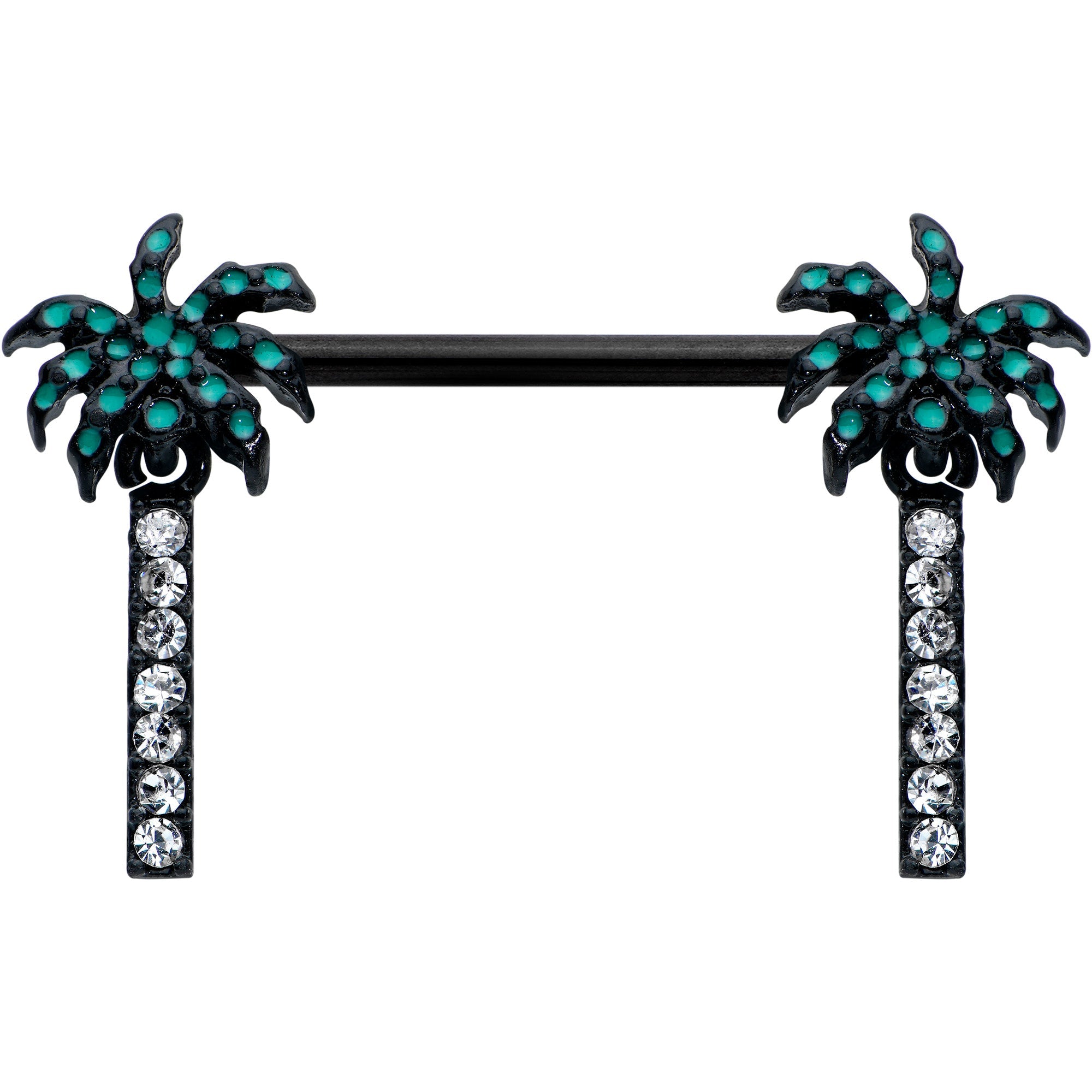 14G 9/16 Clear Gem Black Night Palm Tree Dangle Nipple Ring Set