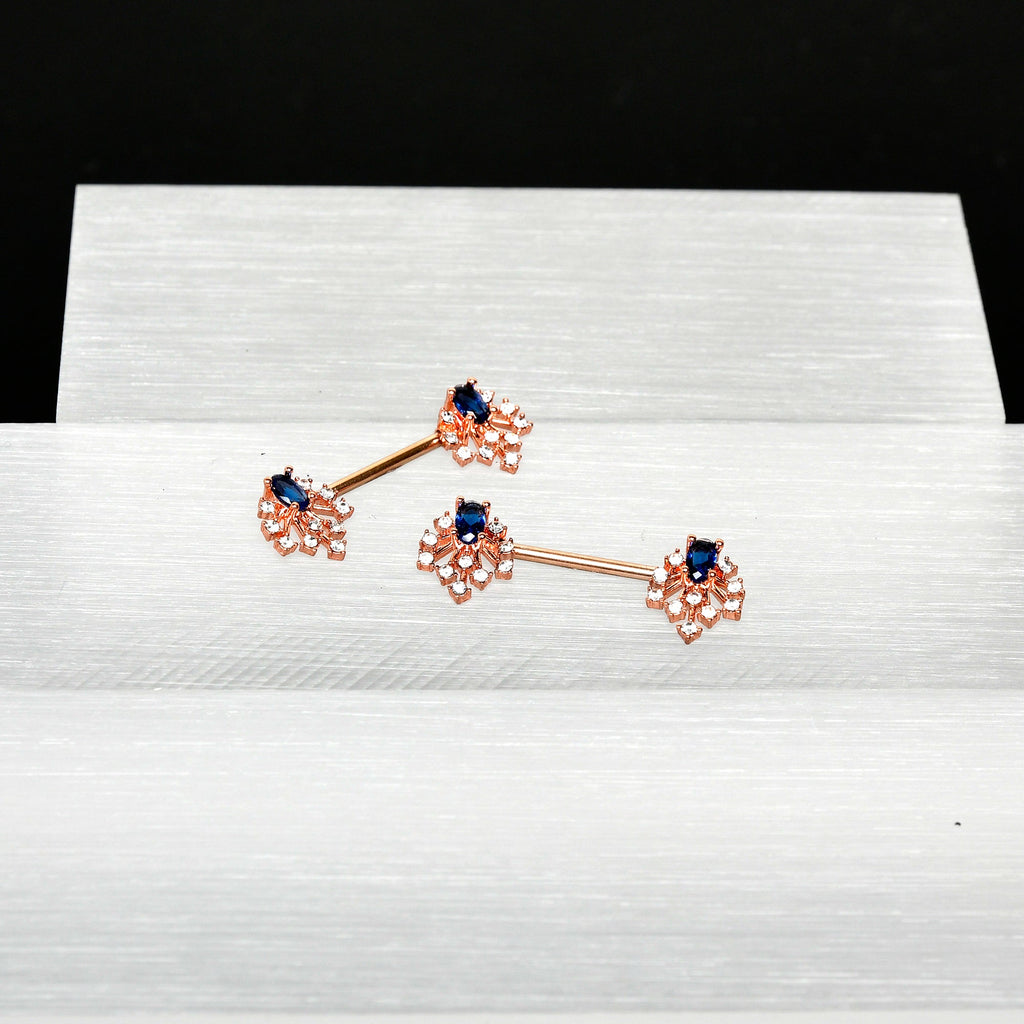 14G 9/16 Blue Gem Rosy Tone Glam Flare Barbell Nipple Ring Set