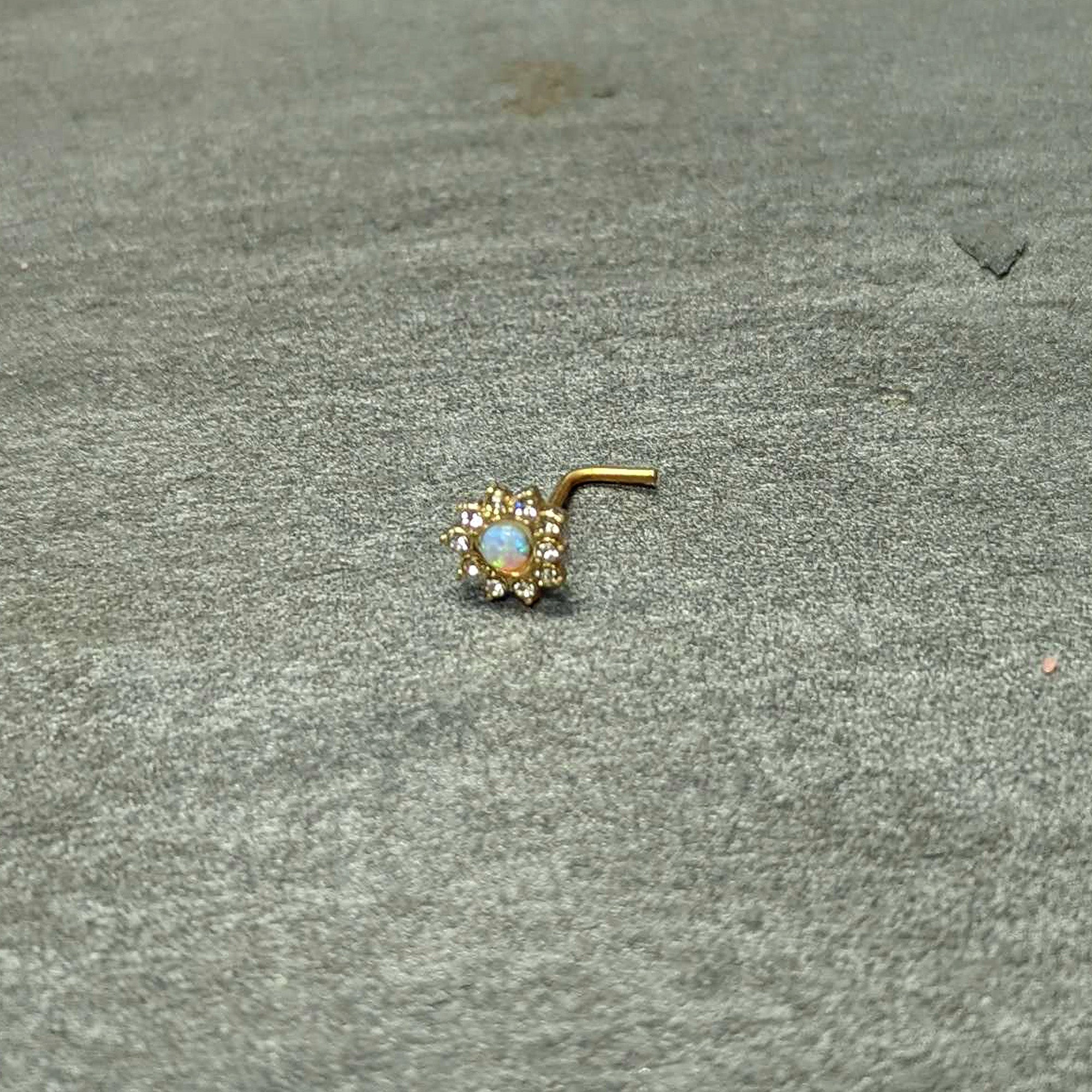 20G 7mm White Faux Opal Gold Tone Heart Sun L Shape Nose Ring