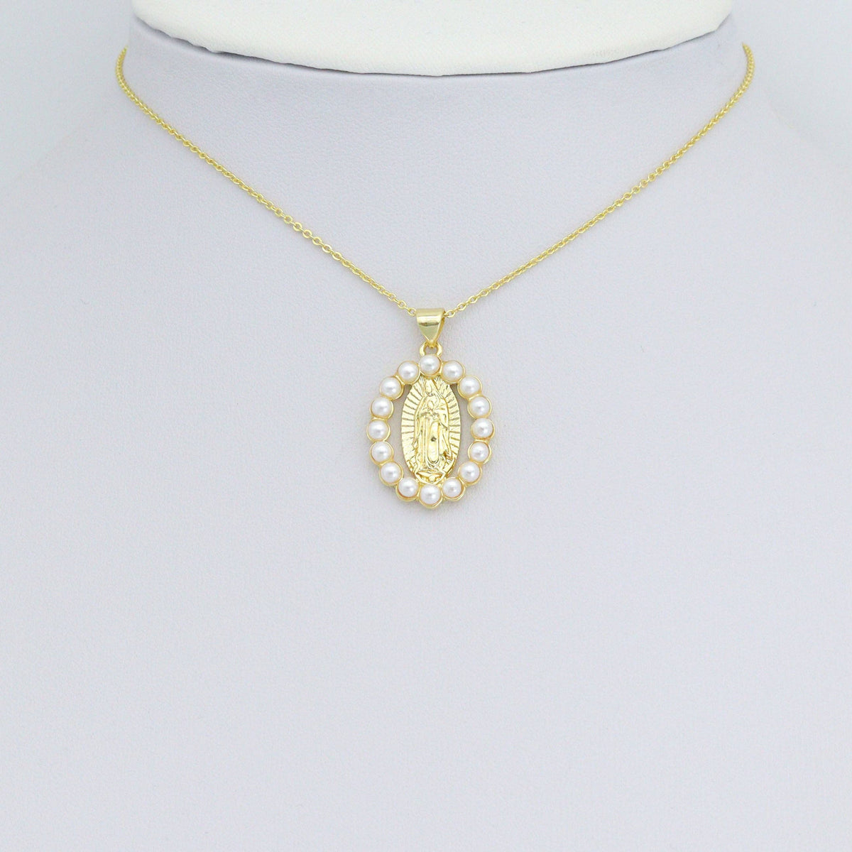 White Pearl Round Virgin Mary Oval Charm Pendant, Sku#LD703