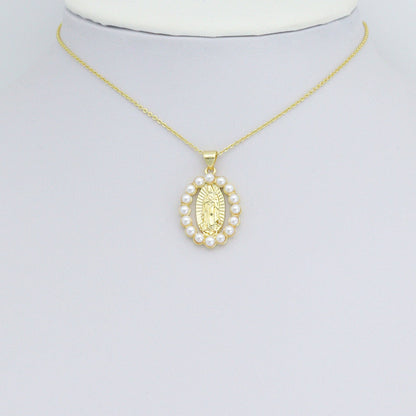 White Pearl Round Virgin Mary Oval Charm Pendant, Sku#LD703