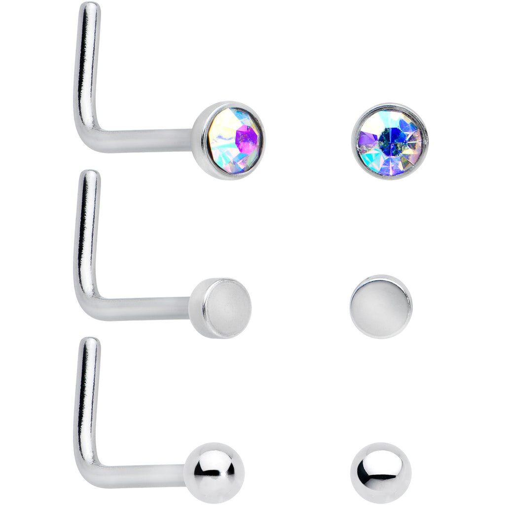 20G 1/4 Aurora Clear CZ Gem Flower L Shape Nose Ring Set of 6