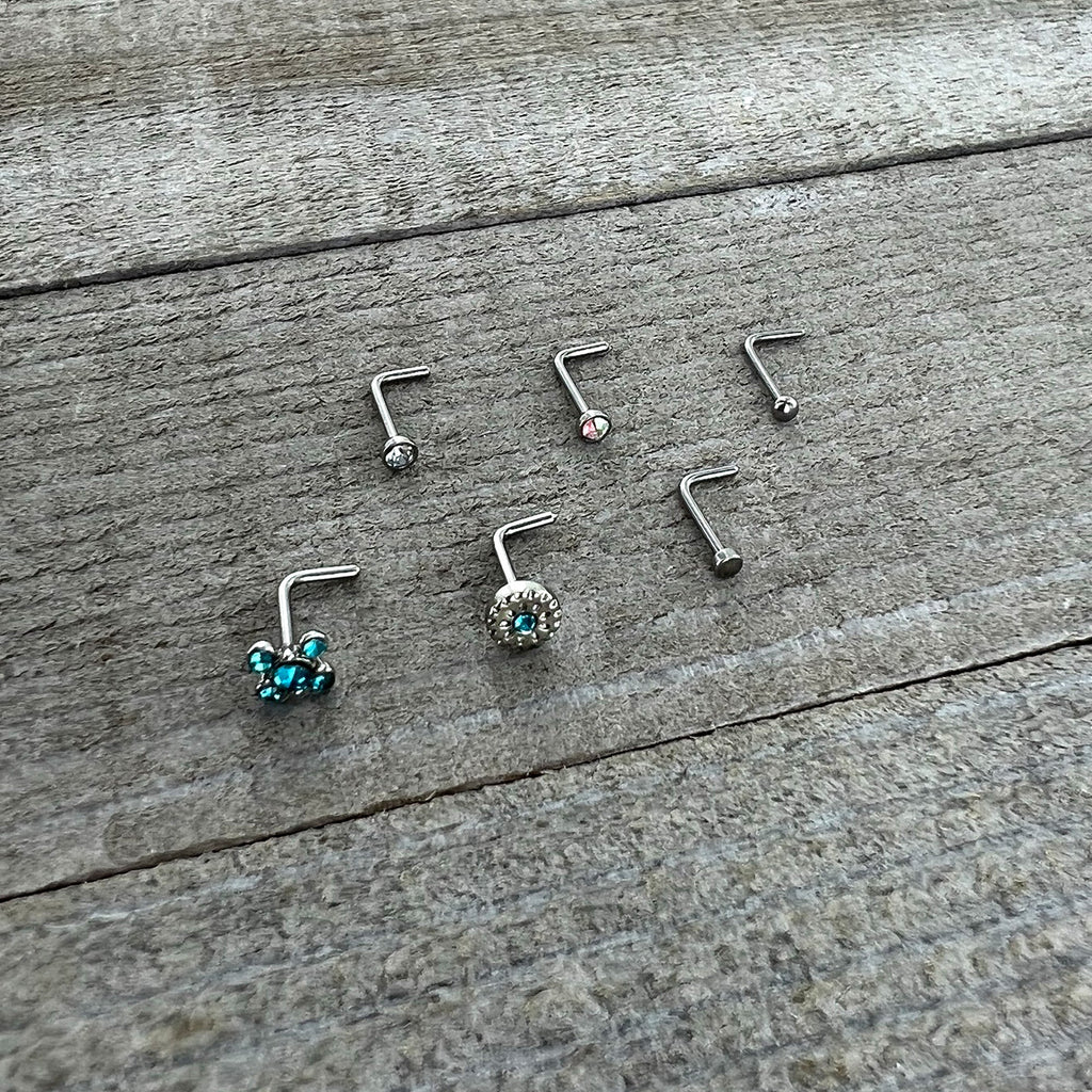 20G 1/4 Aurora Blue CZ Gem Flower L Shape Nose Ring Set of 6