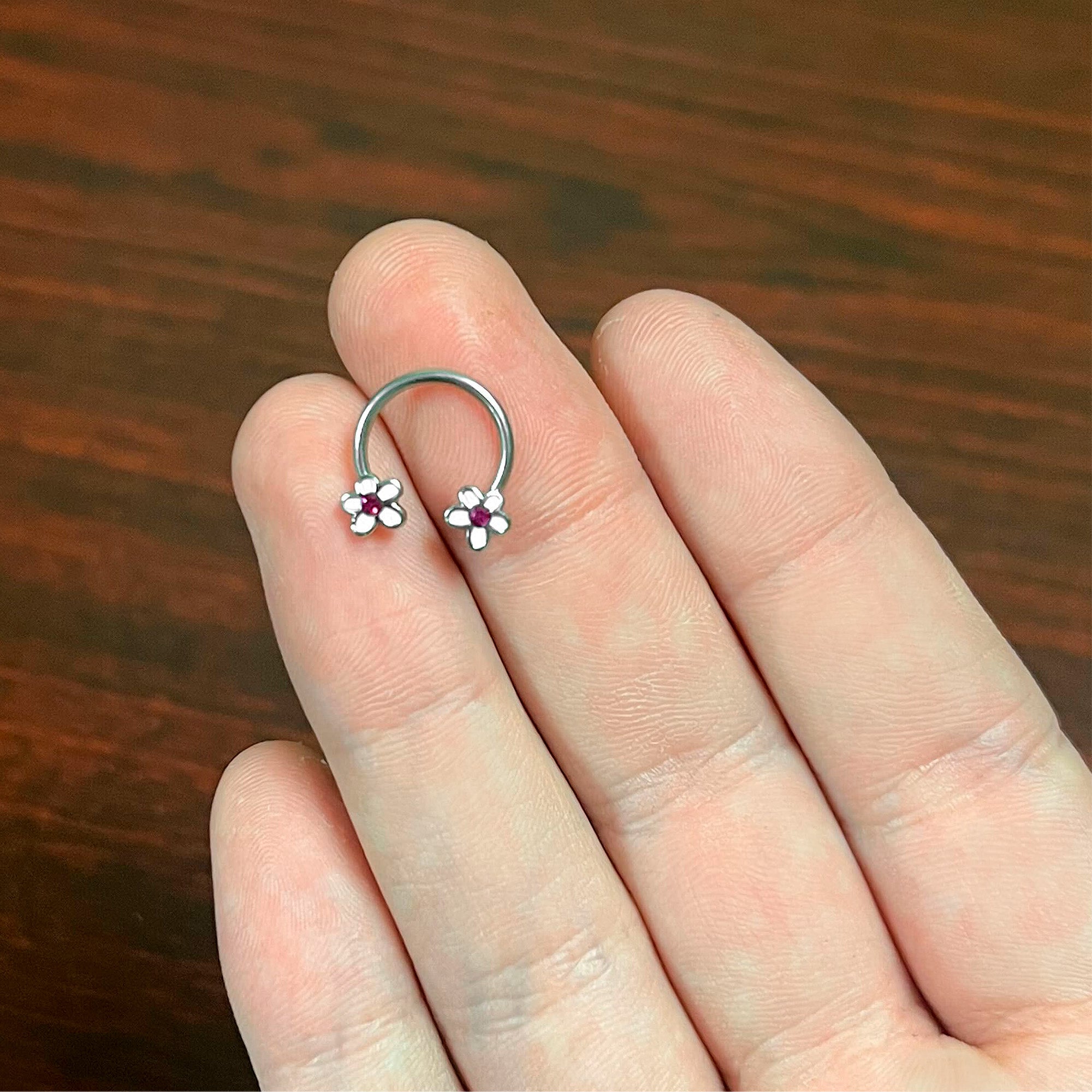 16G 3/8 Pink Gem Daisy Flowers Horseshoe Circular Barbell