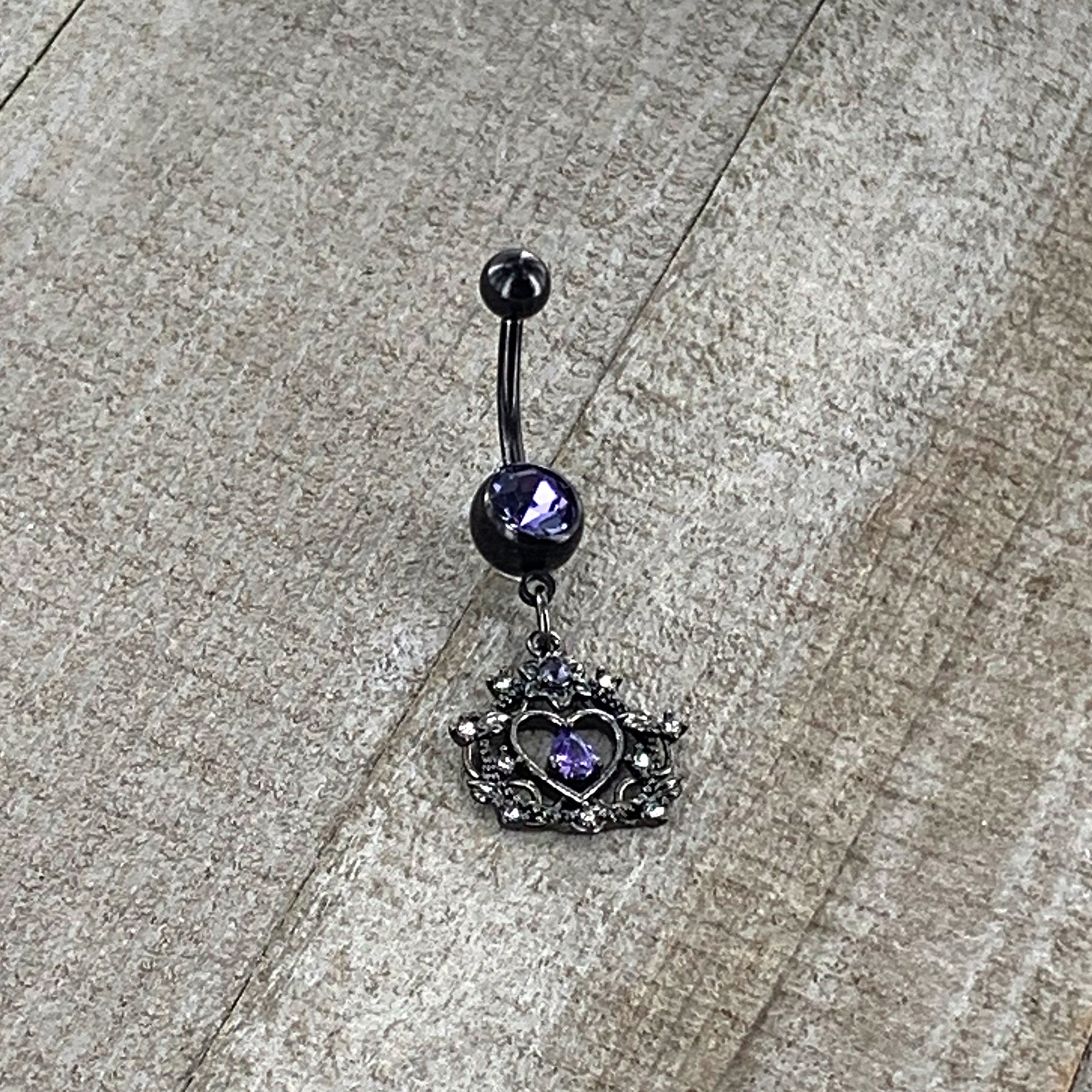 Purple Gem Black Regal Crown Dangle Belly Ring
