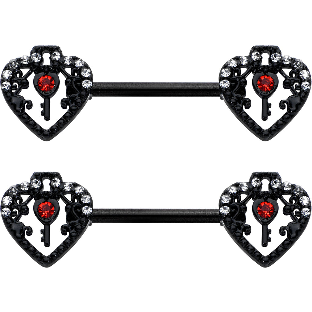 14G 9/16 Red Clear Gem Black Key Heart Barbell Nipple Ring Set
