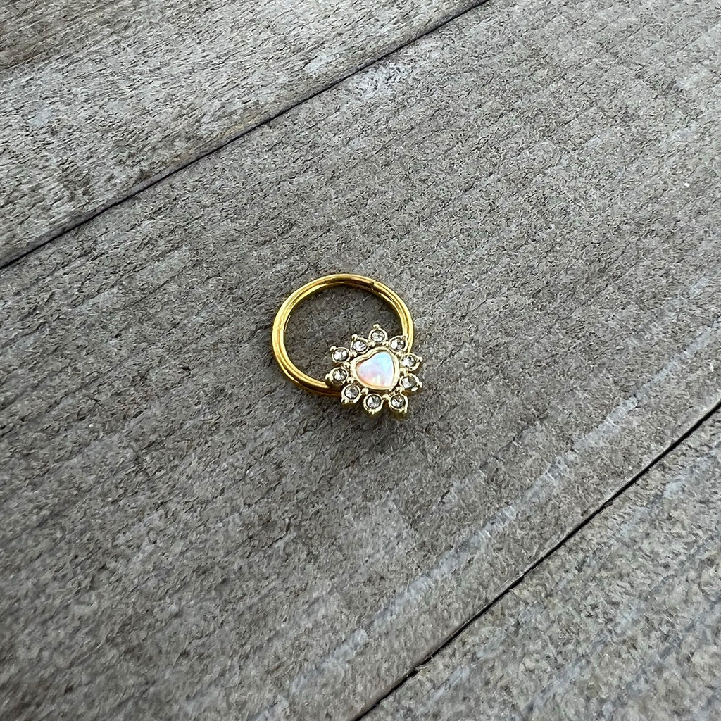 16G 3/8 White Faux Opal Gold Tone Sun Heart Hinged Segment Ring