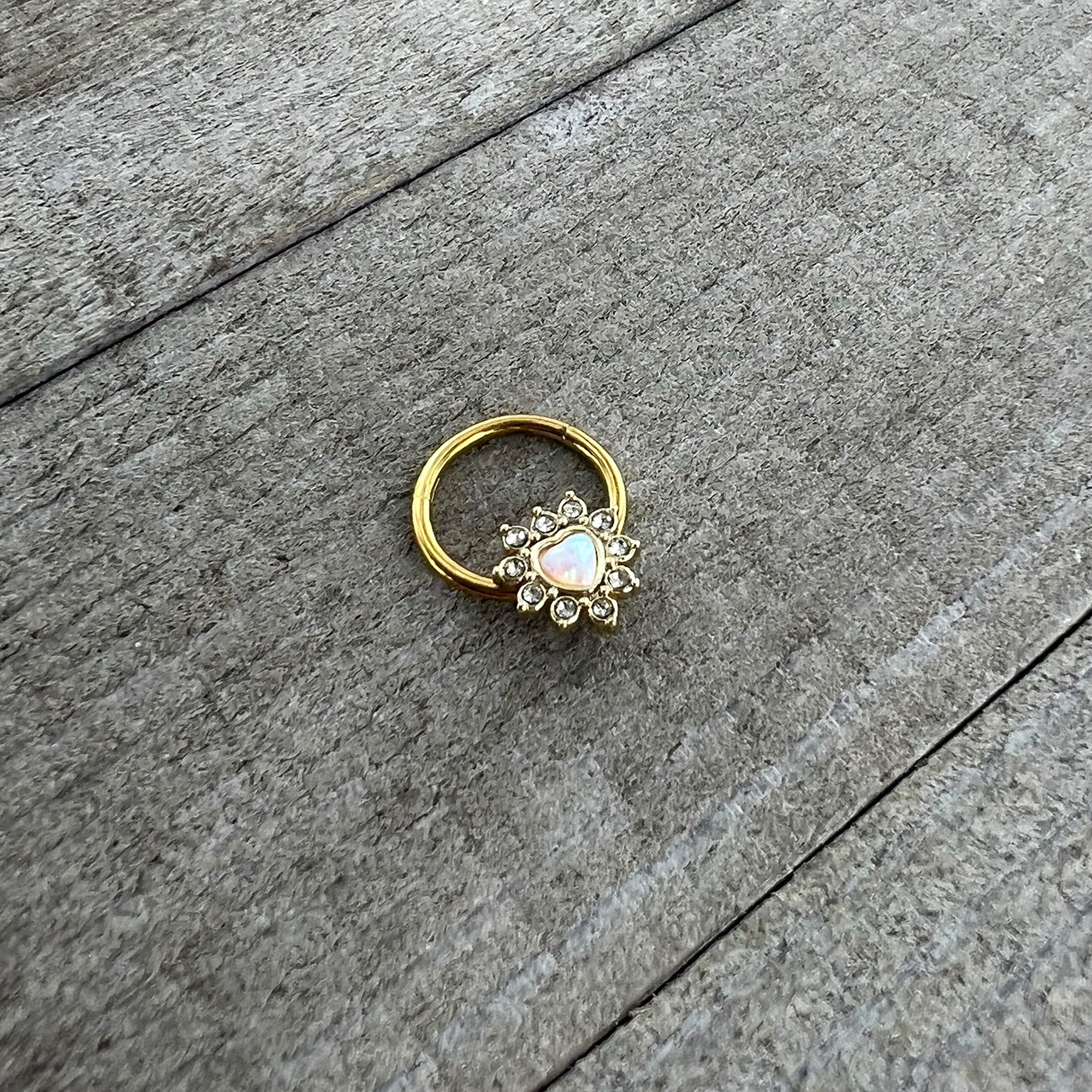 16G 3/8 White Faux Opal Gold Tone Sun Heart Hinged Segment Ring