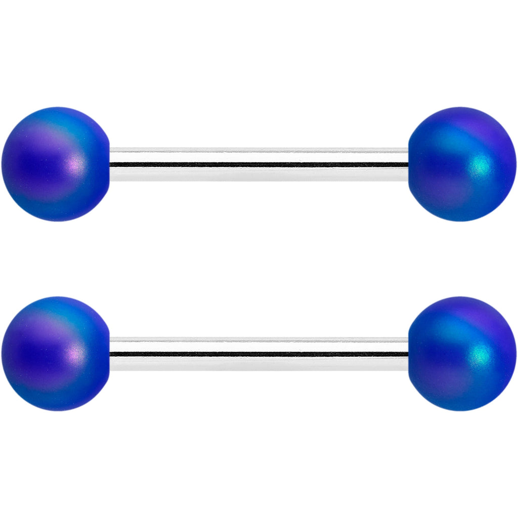 14G 9/16 Matte Blue Aurora Barbell Nipple Ring Set