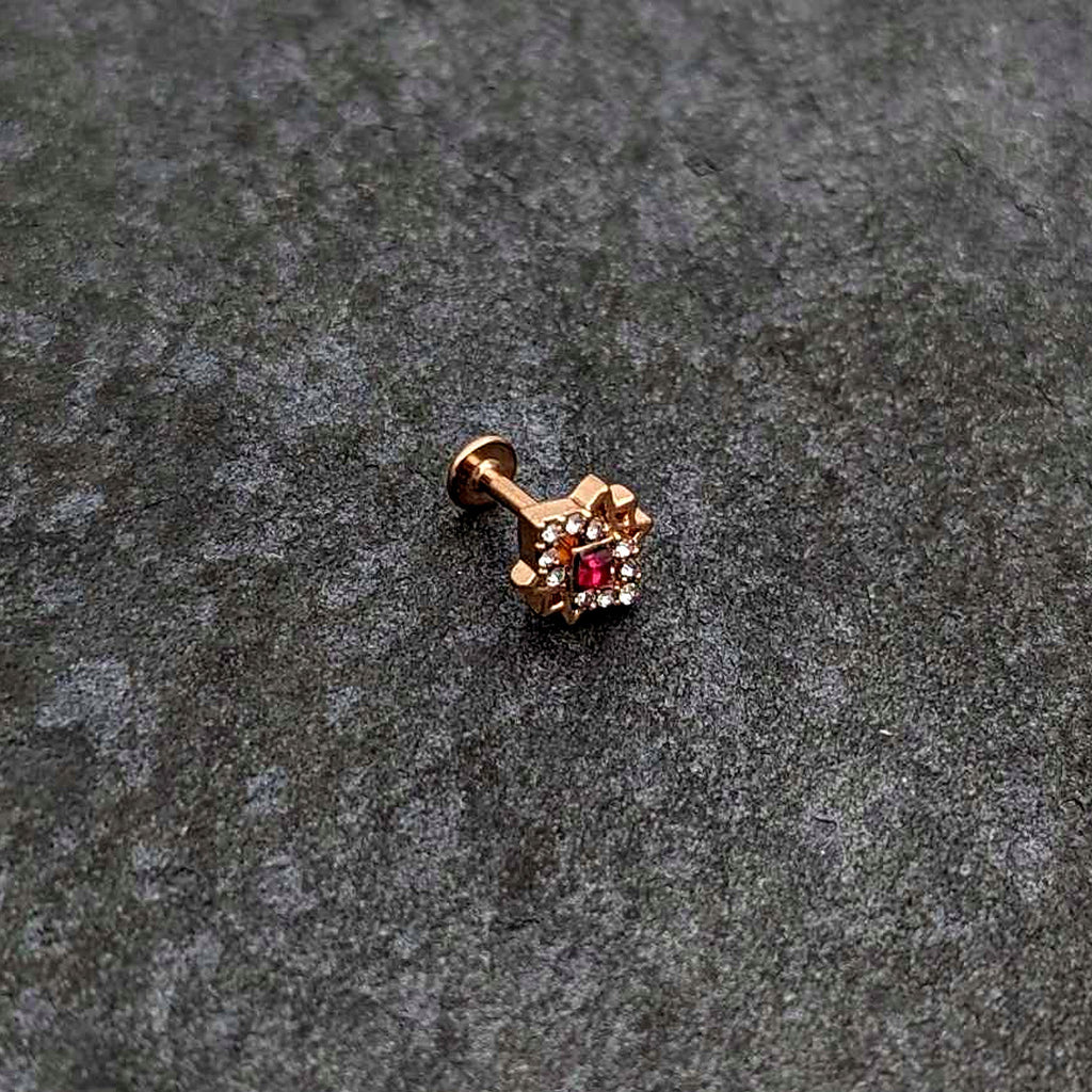 16G 1/4 Red Gem Rose Gold Tone Octogram Star Labret Monroe Tragus