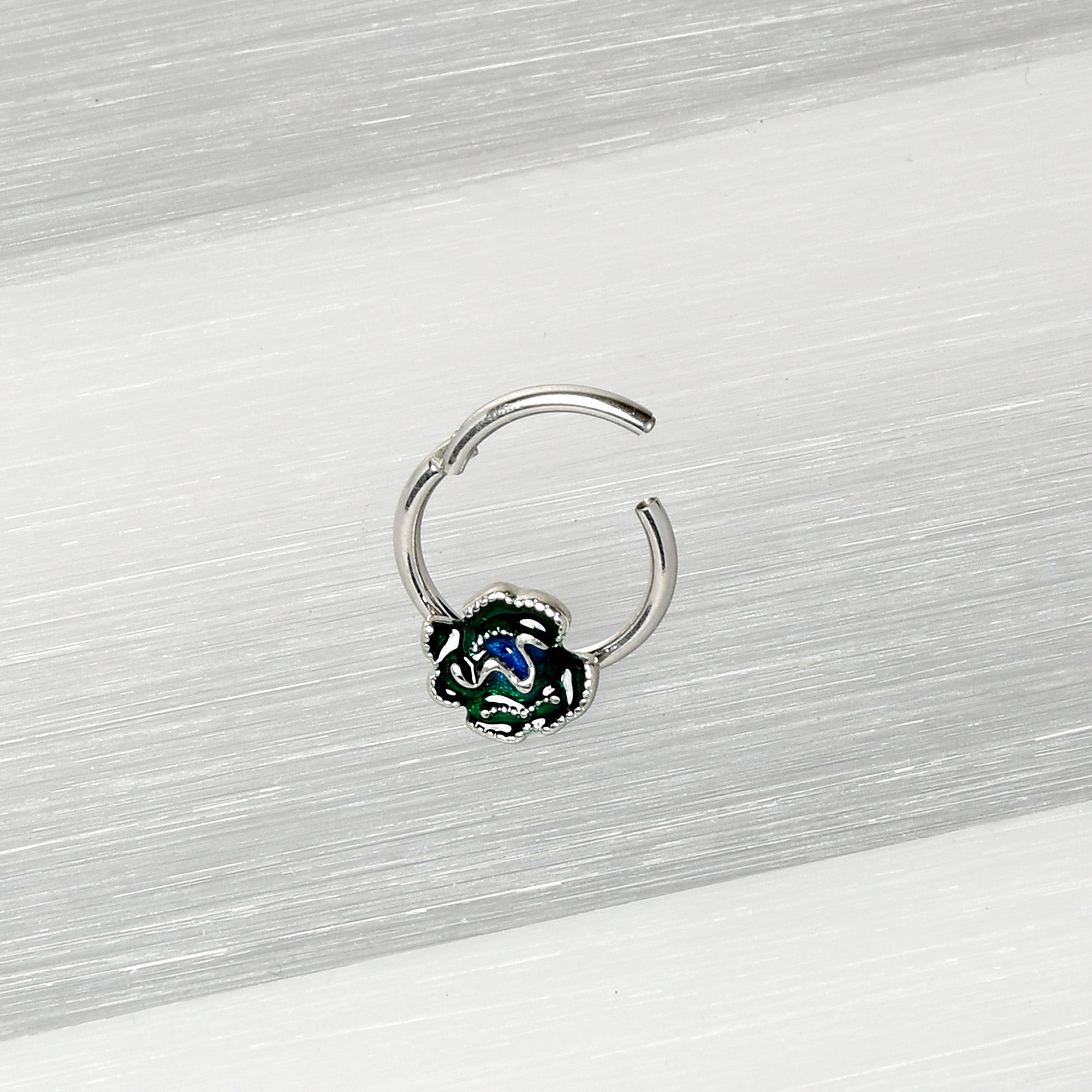 16G 3/8 Spring Flower Green Blue Hinged Segment Ring