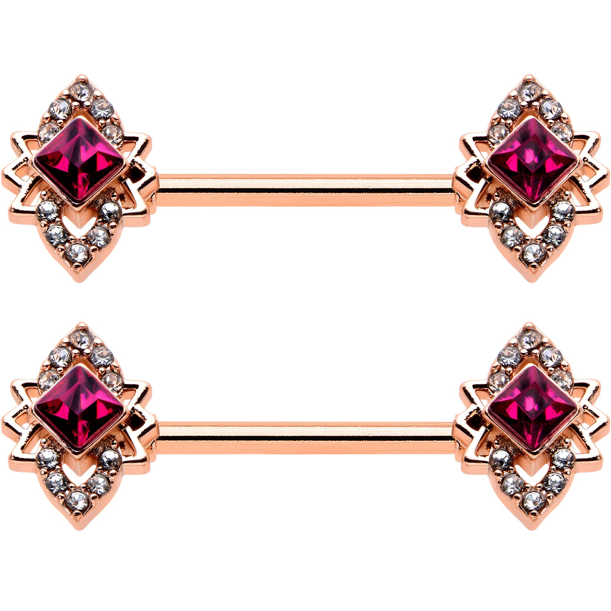 14G 9/16 Red Gem Rosy Tone Octogram Star Barbell Nipple Ring Set