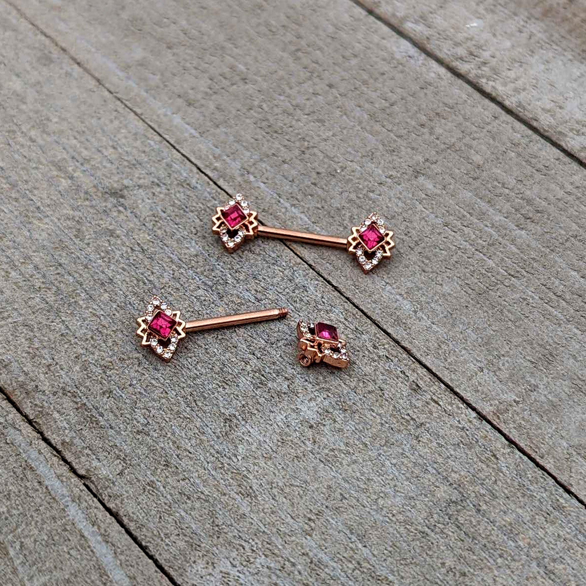14G 9/16 Red Gem Rosy Tone Octogram Star Barbell Nipple Ring Set