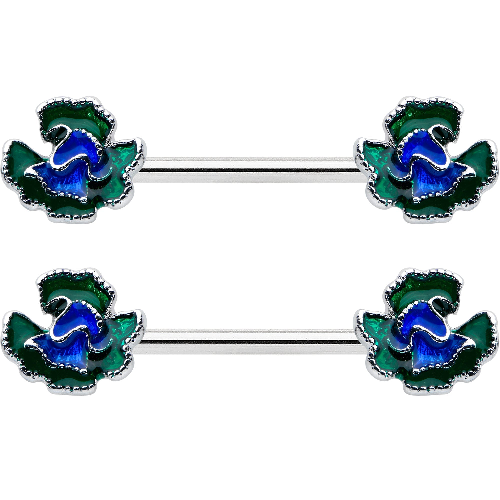 14G 9/16 Spring Flower Blue Green Barbell Nipple Ring Set