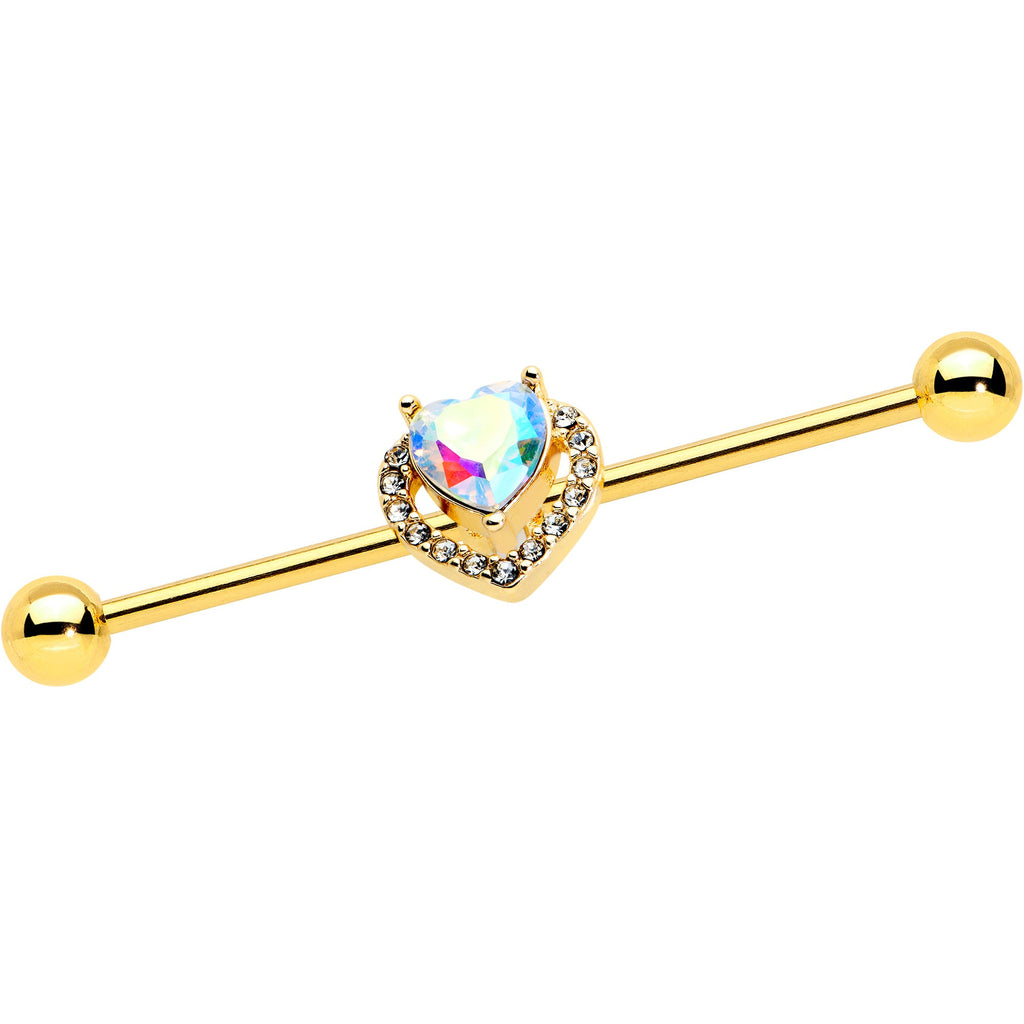 14G Aurora Gem Gold Hue Rococo Heart Industrial Barbell 38mm