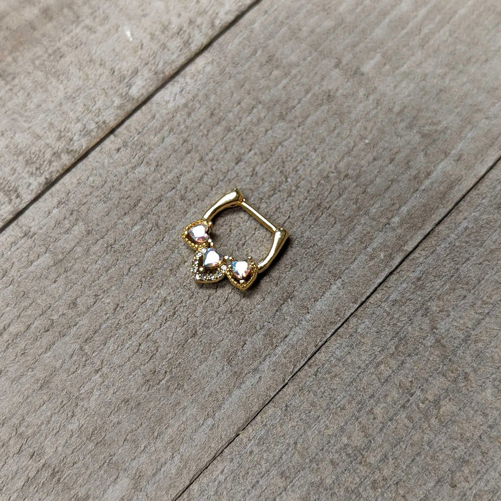 16G 5/16 Clear Aurora Gem Gold Tone Trio Heart Cartilage Clicker