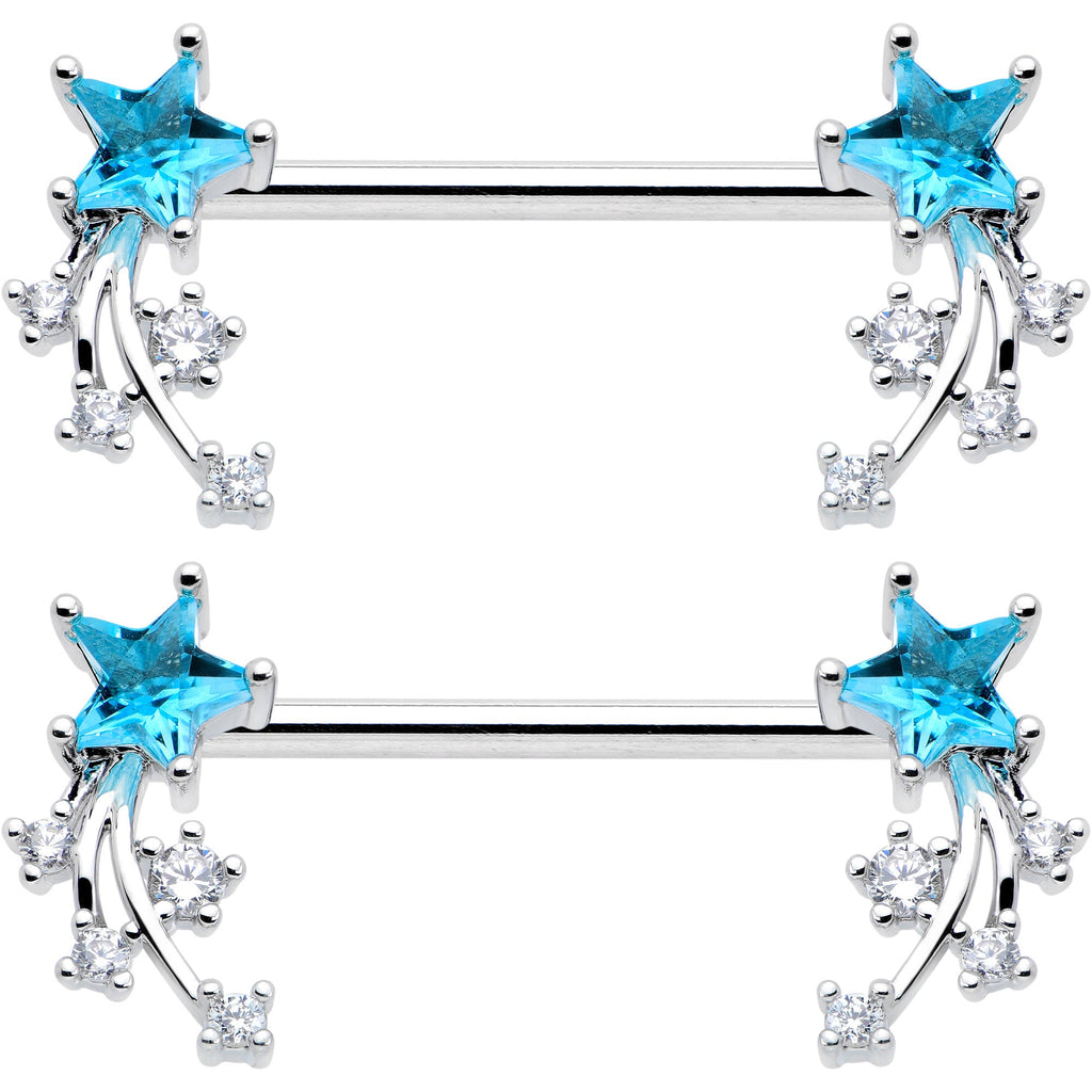 14G 9/16 Blue Clear CZ Gem Shooting Star Barbell Nipple Ring Set