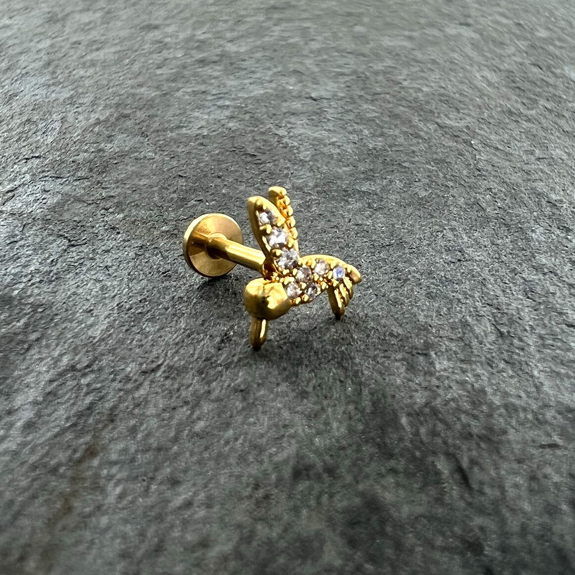 16G 1/4 Clear CZ Gem Gold Tone Interal Thread Hummingbird Labret