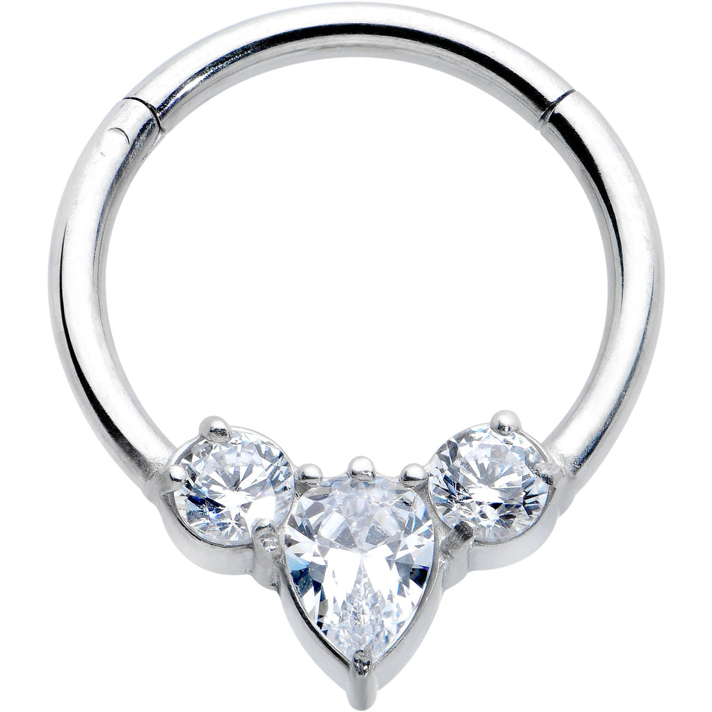 16G 3/8 Clear CZ Gem Triple Elegance Hinged Segment Ring