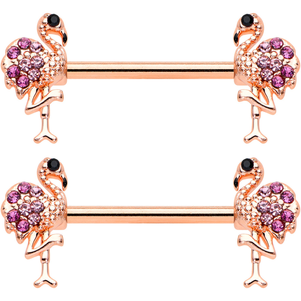 14G 9/16  Pink Gem Rose Gold Hue Fashion Flamingo Nipple Ring Set