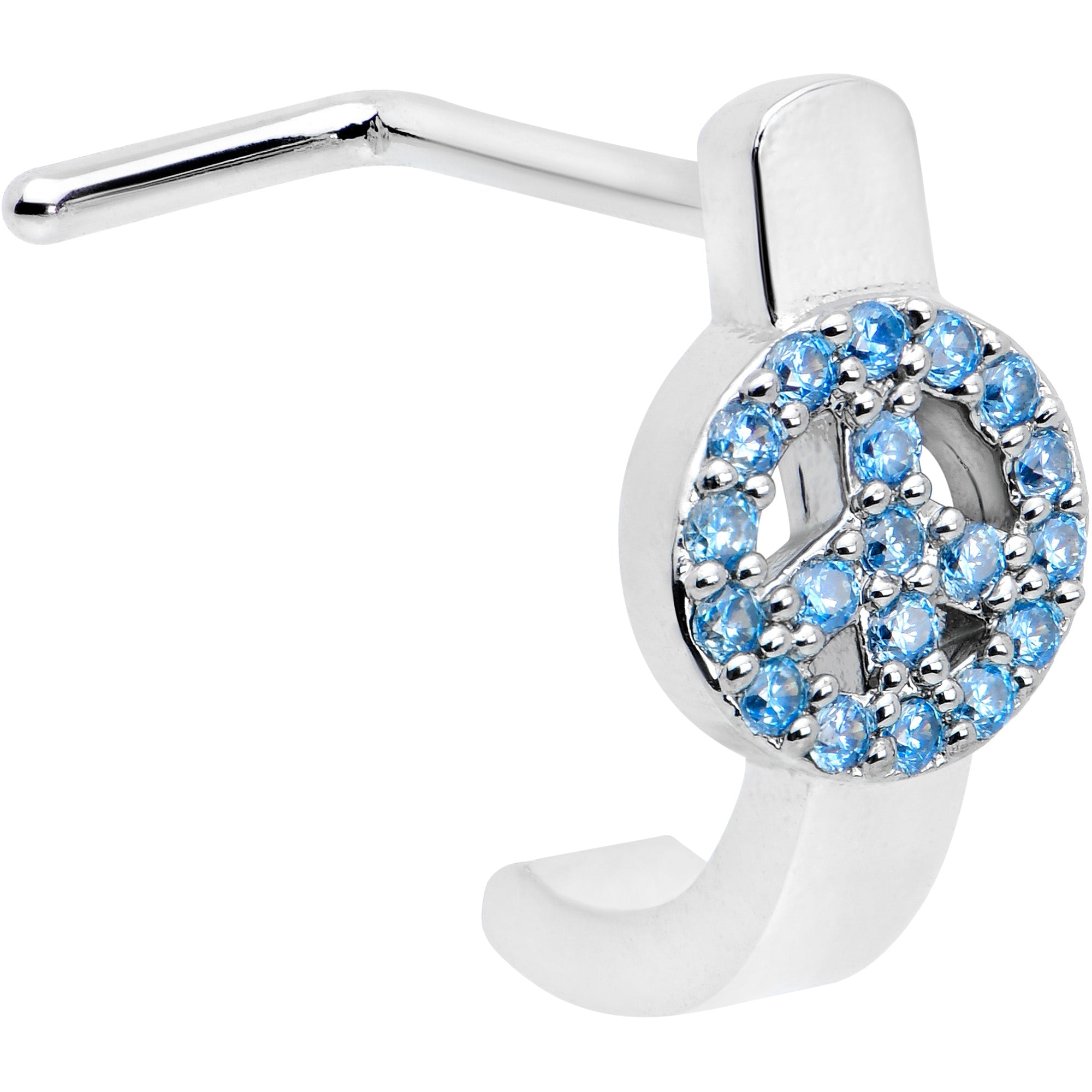 20G 5/16 Blue Gem Retro Peace Sign Faux Hoop L Shape Nose Ring