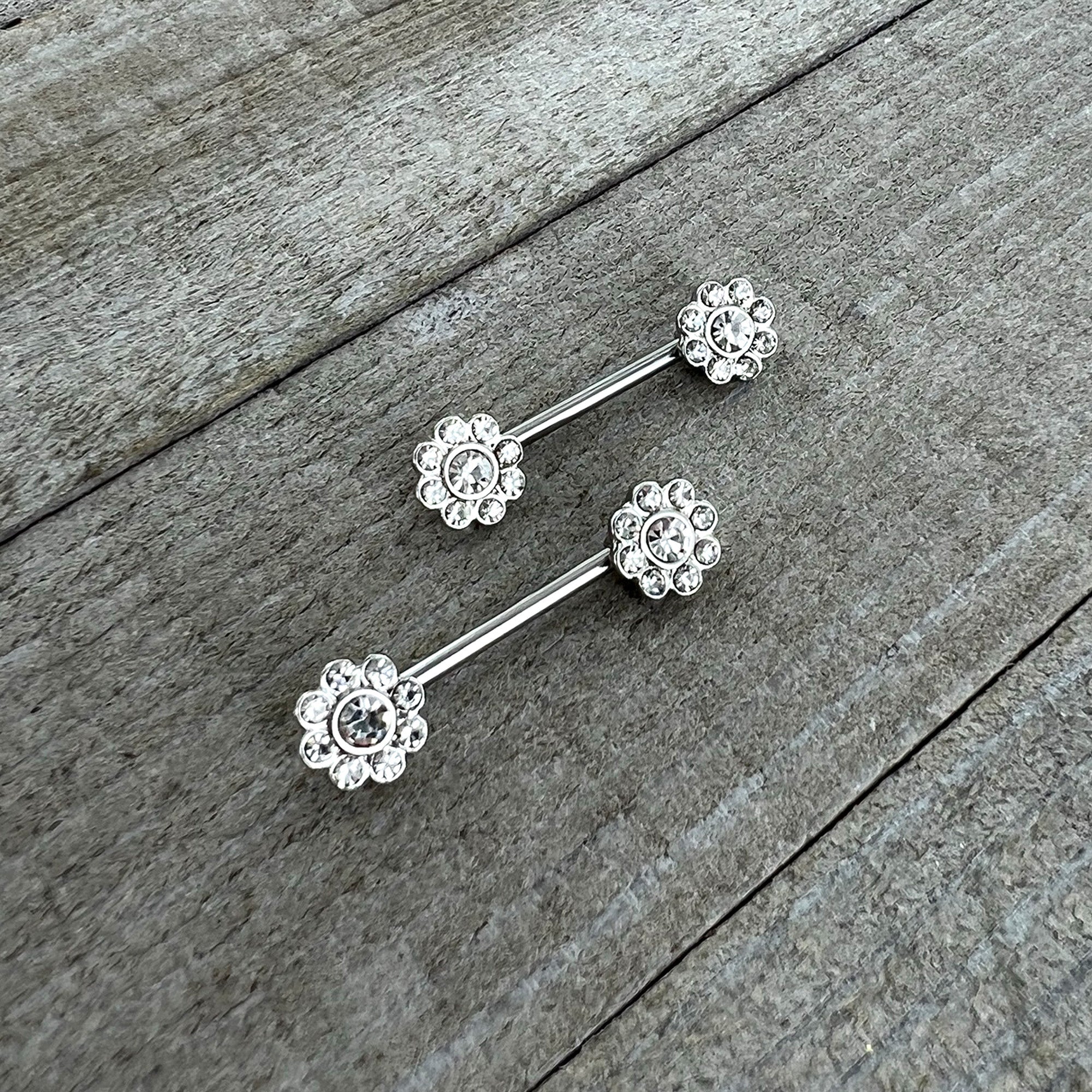 14G 9/16 Clear Gem Whimsy Flower Barbell Nipple Ring Set