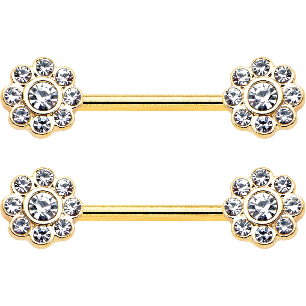 14G 9/16 Clear Gem Gold Tone Whimsy Flower Barbell Nipple Ring Set